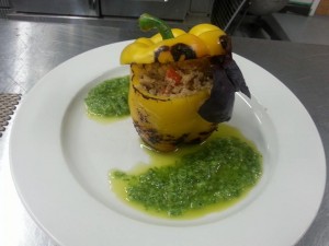 John Thorsby's Roasted Sweet Pepper with Quinoa stuffing & Jalapeno-Cilantro Sauce